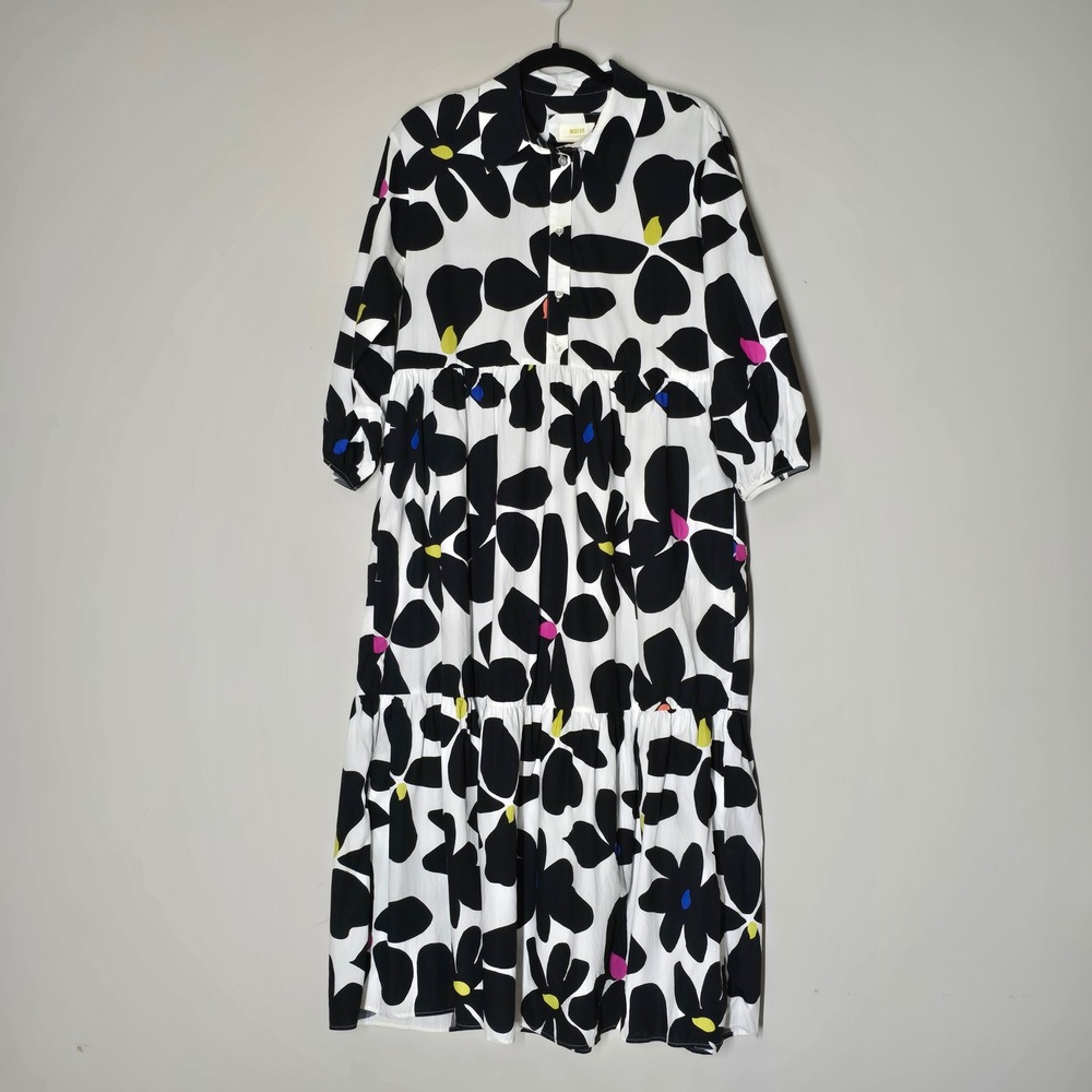 Maeve Anthropologie M Black White Floral Cotton Tiered Midi Shirt Dress Boho